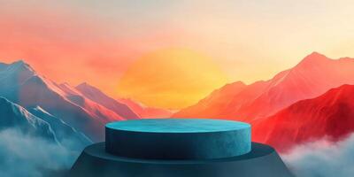 Blue Platform Overlooking a Sunset Mountain Range photo