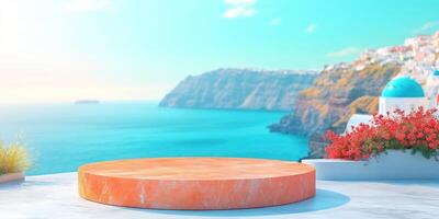 Round Marble Platform Against Santorini Seascape photo