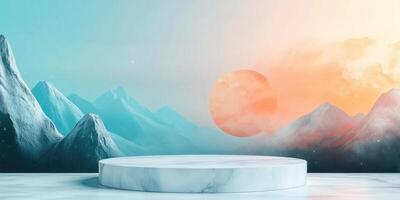 Marble Podium with Mountain Landscape and Sunset Background photo