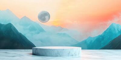 A Marble Pedestal in Front of Mountain Range and Moon photo