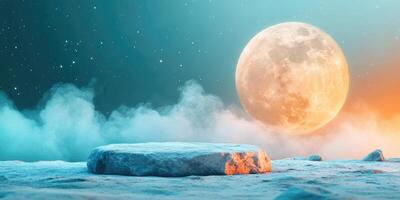 A large, full moon glows over a rocky, misty, alien landscape. photo