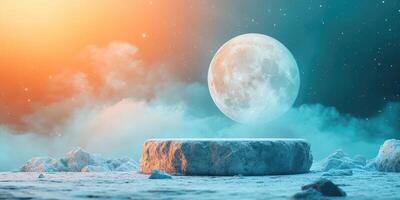 Stone Platform Under a Full Moon in a Foggy Night Sky photo