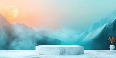 White Marble Pedestal Against a Misty Mountain Range with a Full Moon and a Plant photo
