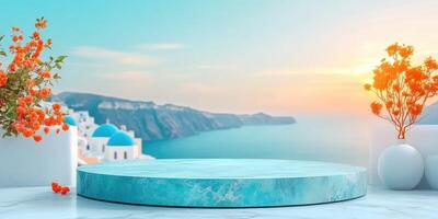 Turquoise Podium with Ocean View and Flowers photo