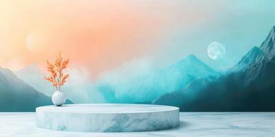 Minimalist Product Display with Mountain Landscape and Moon photo