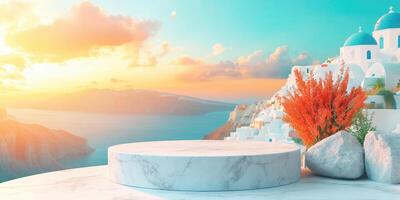 Marble Platform with a View of a Greek Island Town at Sunset photo