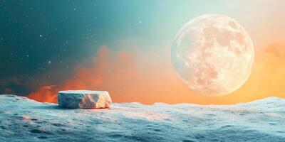 A lone rock on a desolate planet with a large moon in the sky photo