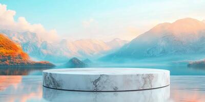 Marble Platform with Mountain and Lake Background photo
