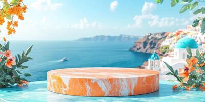Marble Podium with Santorini View and Flowers photo