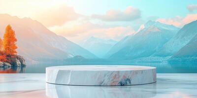 Marble Platform in Front of a Mountain Landscape with a Lake photo