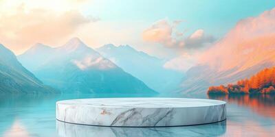Marble Podium Floating on a Calm Lake Surrounded by Mountains photo