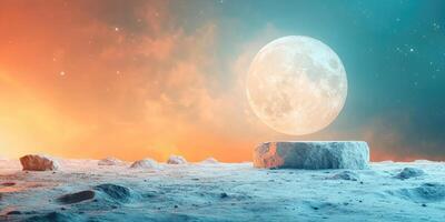 A Large Moon Hovers Over a Rocky, Dusty, and Cratered Landscape photo