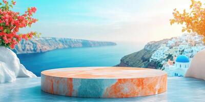 Marble Platform Against a Santorini Landscape photo