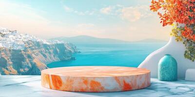 Marble Podium With Santorini View and Teal Vase photo