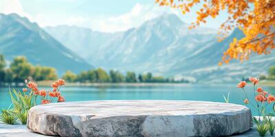 Stone Platform by Lake with Mountains and Flowers in the Background photo