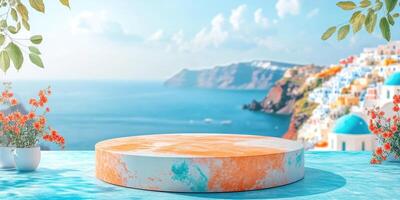 A Circular Marble Podium with a Blurry Santorini Island Background photo