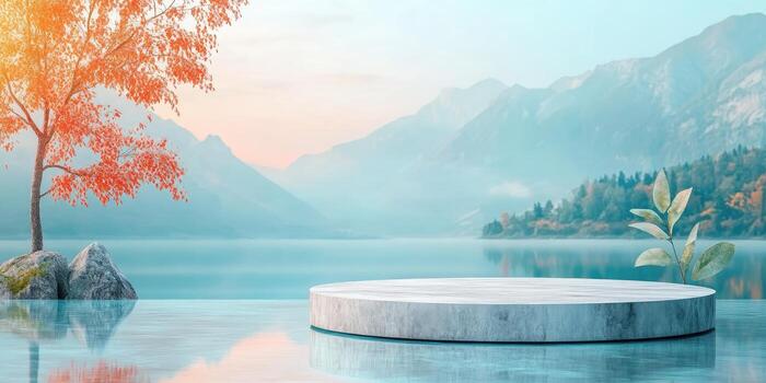 Roca plataforma flotante en un lago con otoño árbol y montaña fondo foto