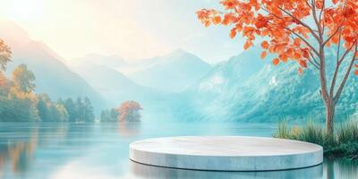 Minimalist Product Display with Circular Platform in Serene Mountain Lake Setting photo
