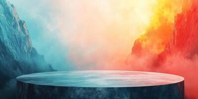 Circular Platform Between Blue and Orange Mountains photo