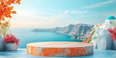 Marble Podium with Santorini Island and Flowers in Background photo