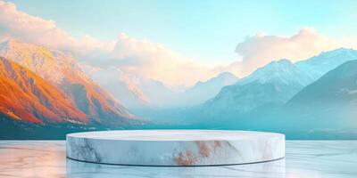 White Marble Podium with Mountain Range Background photo