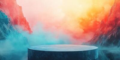 Circular Pedestal Amidst Misty Mountains with Red and Blue Skies photo