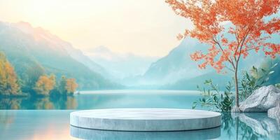 Circular Concrete Platform Floating on a Calm Lake with Mountain and Autumn Tree Background photo