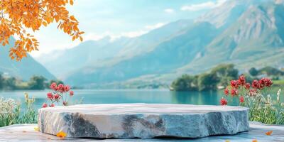 Stone Platform with Mountain and Lake View photo