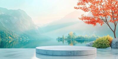 Circular Platform with Mountain Lake and Autumn Tree Background photo