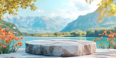 Stone Platform in Front of Mountain Lake with Orange Flowers photo