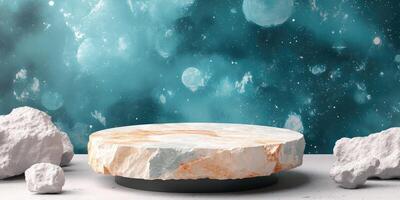 Stone Platform with a Teal and White Nebula Background photo