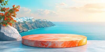 Orange Marble Podium Overlooking a Coastal Landscape with Blue Waters photo