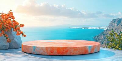 Circular Orange Marble Pedestal with Ocean and Cliffs View photo