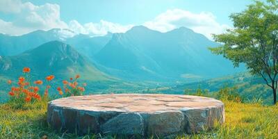 Stone Platform in a Mountainous Landscape with Flowers and Green Grass photo