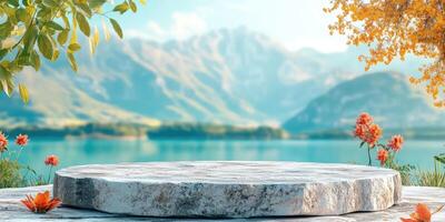 Stone Platform with Blurred Mountain and Lake Background photo