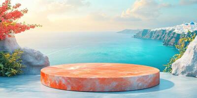 Marble Podium Overlooking the Aegean Sea and a Whitewashed Village photo