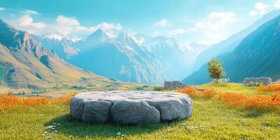 A Stone Platform in Front of Majestic Mountain Range photo