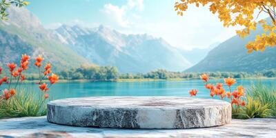Stone Platform with Mountain Lake and Floral Accents photo