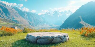 Stone Platform in a Mountain Valley with Flowers and a Blue Sky photo