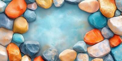 Colorful Smooth Stones Forming a Circle Around a Light Blue Background photo