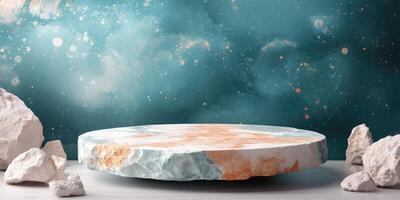 Stone Platform Against a Teal and Glittery Background photo
