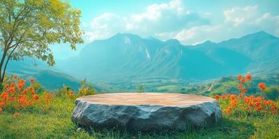 Stone Platform Against Mountain Range with Flowers photo