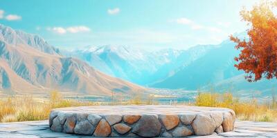 Stone Platform Overlooking Mountain Valley with Autumn Tree photo