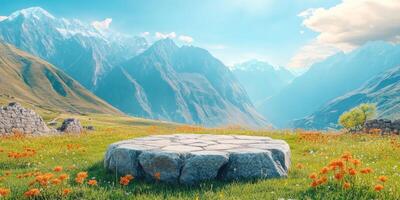 Stone Platform in a Field of Wildflowers with Snowy Mountains in the Background photo