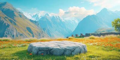 Large Gray Boulder in a Field of Orange Flowers with Mountain Range Background photo