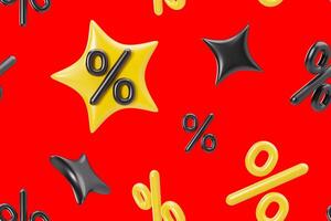 Vibrant seamless pattern featuring a red background with floating 3D percentage symbols and whimsical stars in yellow and black, ideal for engaging graphics related to sales and promotions. 3D. photo