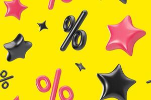 This vibrant seamless pattern features playful black and pink stars scattered around sleek black and pink percentage symbols on a bright yellow background, ideal for promotions and sales. 3D render. photo