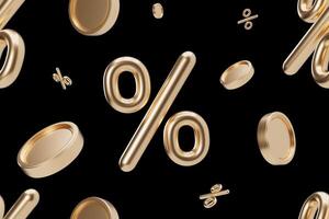 Elegant and luxurious seamless pattern showcases golden percentage symbols floating on a deep black background, perfect for themes of luxury sales, high-end discounts, and financial promotions. 3D. photo