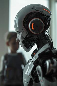 robótico cabeza con avanzado mecánico componentes y brillante naranja acentos mira hacia un borroso niño, capturar un emocional humano-robot Interacción en un brillante, moderno ajuste. foto