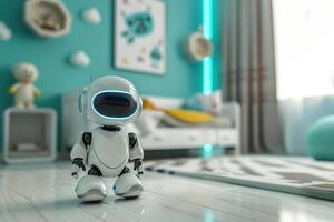 Futuristic robot playmate in a vibrant children's room. It's illuminated eyes and curious pose make it seem almost alive, perfect for engaging with children. photo